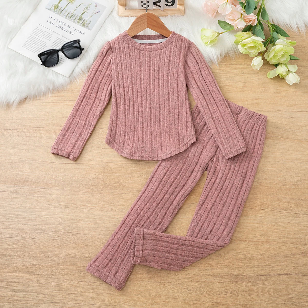 Baby Girl Clothes Set 3-8Y Knitted Long Sleeve Tops + Pants Kids Ribbed Jumpsuit Autumn Winter Warm Outfit Children Clothing