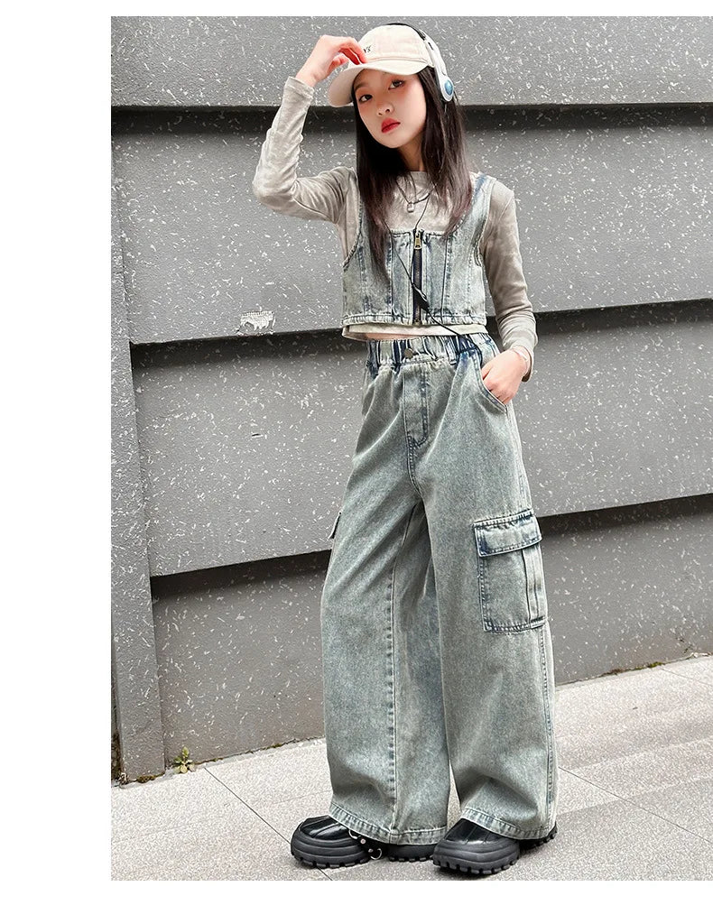 vetement enfant fille denim vest+top t shirt+cargo pants jeans three pcs kids girls clothes sets childer outfits clothing suit