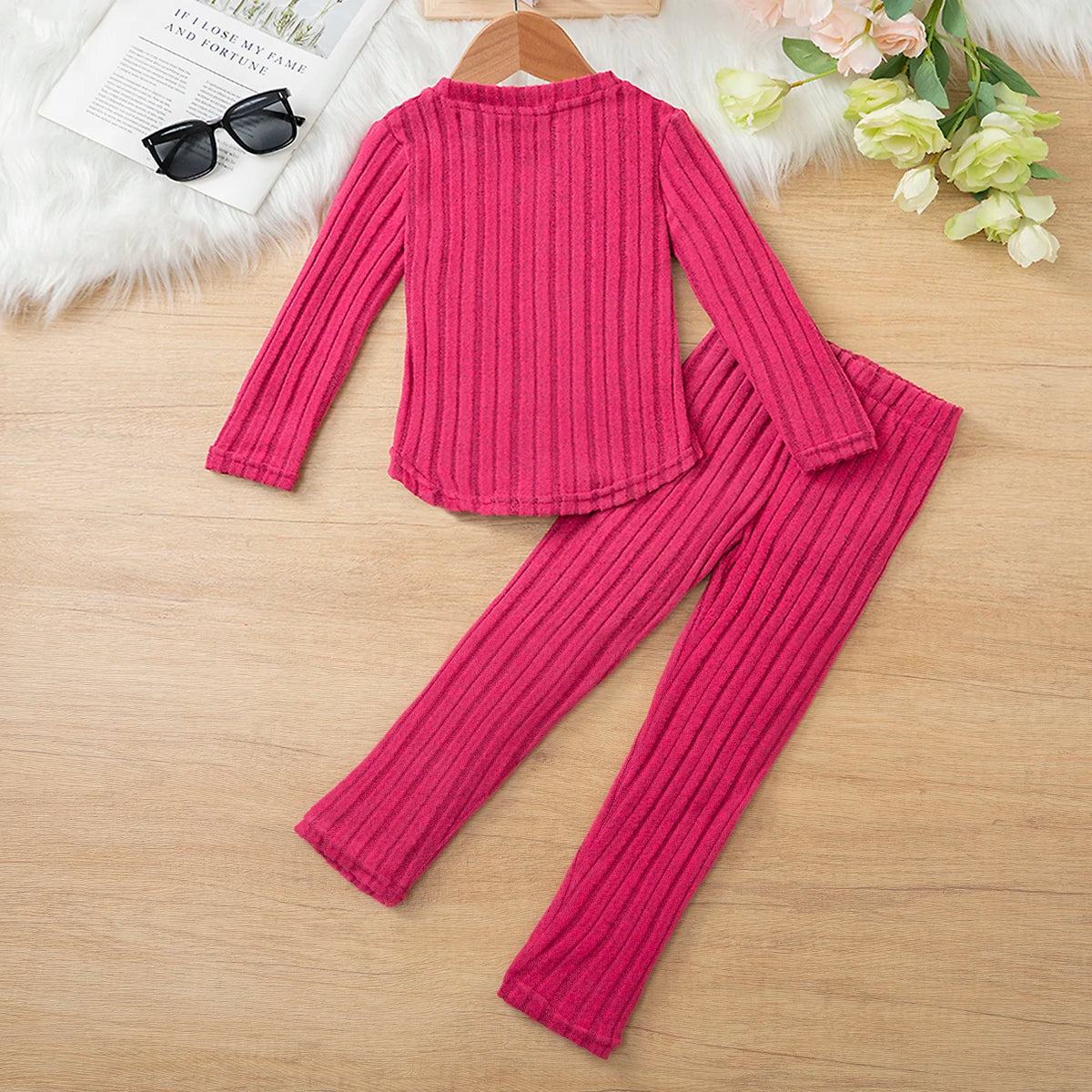 Baby Girl Clothes Set 3-8Y Knitted Long Sleeve Tops + Pants Kids Ribbed Jumpsuit Autumn Winter Warm Outfit Children Clothing