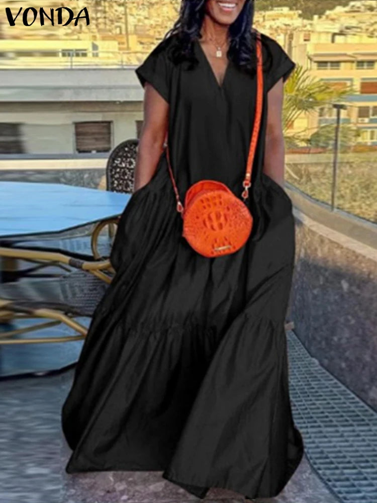 Plus Size VONDA Women Bohemian Dress 2025 Summer Sundress Solid Color Casual Short Sleeve Party Ruffled Vestidos V-Neck Robe