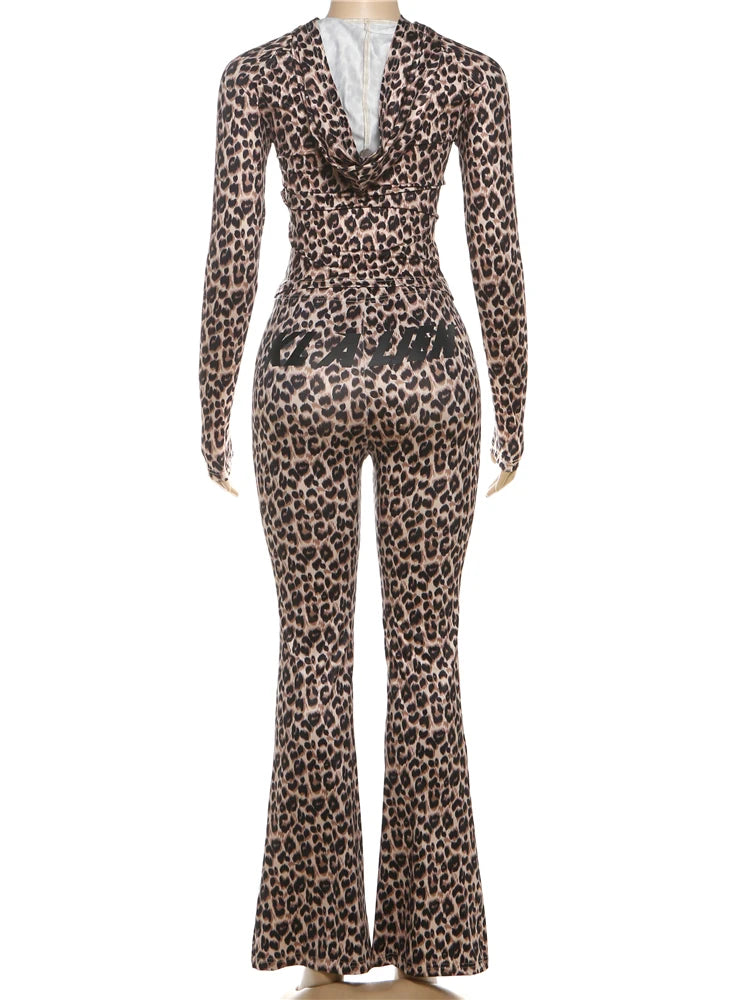 SiSterlinda Hooded 2 Piece Set Women Letter Leopard Zip Jacket+Flare Pants Casual Matching Stretch Sporty Streetwear Tracksuit