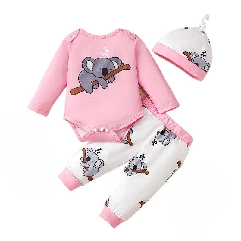 Newborn Baby Girl Clothing set Cute Koala Long Sleeve Top+ Pants+Hat 3PCS Outfits for 1-18 Months Infant Girl Spring&Autumn Wear