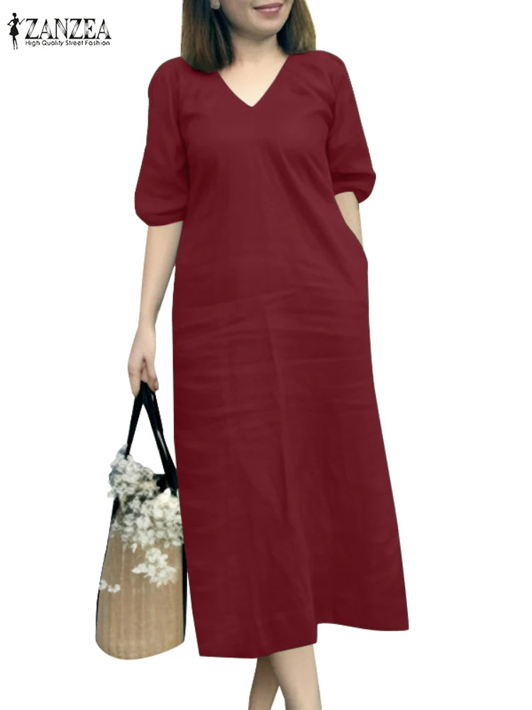 ZANZEA 2025 Fashion Summer Dress Women V Neck Short Sleeve Holiday Sundress Casual Loose Party Work Vestidos Kaftan Robe Femme