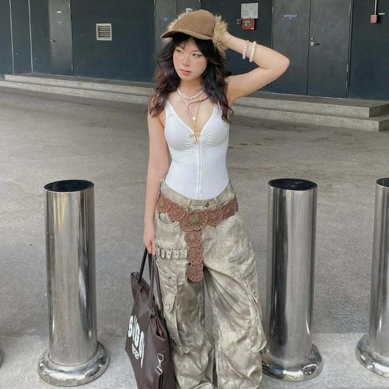 Ezgaga Bodysuits Women Sexy V Neck Slim Sleeveless Grunge Gothic Spring Summer Fashion Y2k Harajuku Camisole Ladies Casual