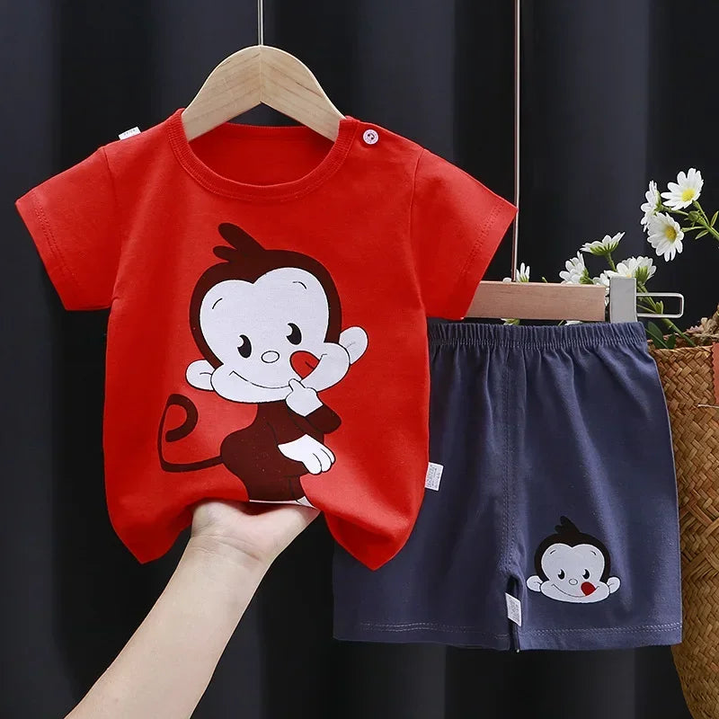 Cartoon Printed Clothing Pure Cotton Home Clothes 2 Piece Suits Toddler Fashion Cute Casual Tracksuits Contrast T-shirt+Shorts