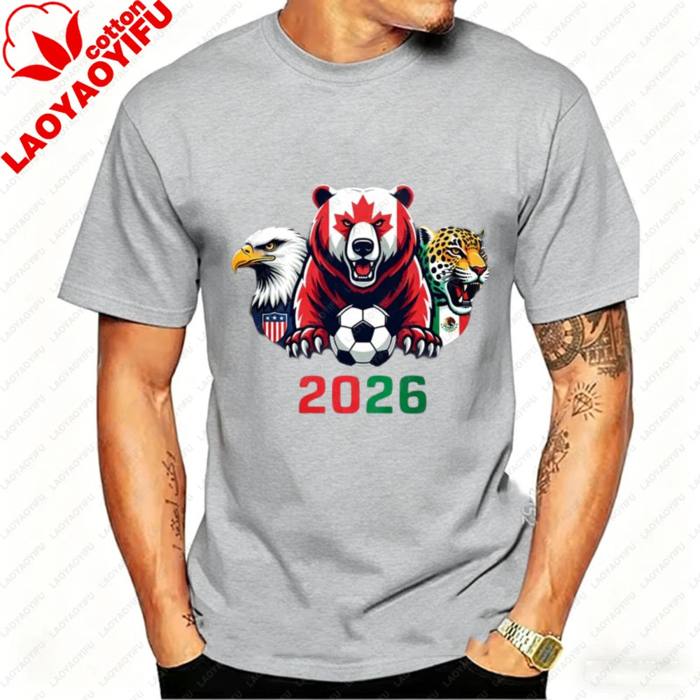2026 North America Soccer T-Shirt for Men Women Bear Eagle Jaguar Mascot Graphic Tee Short Sleeve Cotton Tops for Football Fans