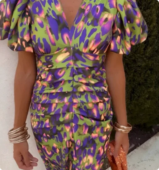 Elegant Women's Dresses Summer Print V-neck Tight Short Sleeved Women Retro Vestidos De Fiestas Vacation Mujer Robe Femmes Party