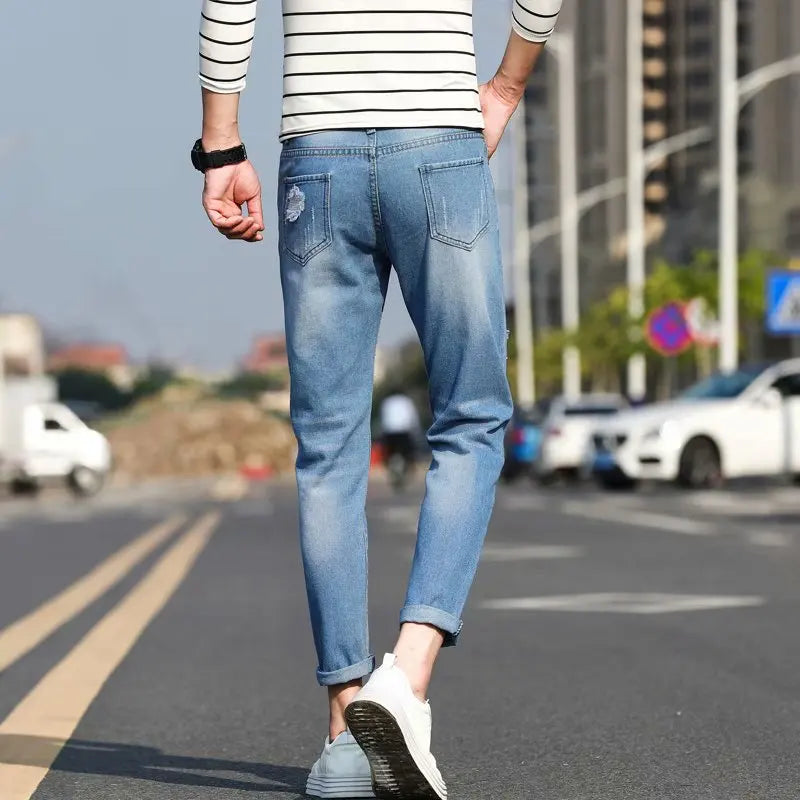 Men's Summer Thin Loose Straight Leg Jeans Casual Nine Point Ankle-Length Torn Elastic Cotton Denim Youth Fashion Wear