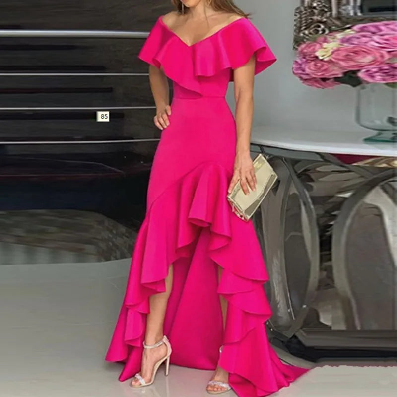 New Sexy V Neck Ruffles Party Dress Femme Elegant Summer Fashion Solid Sleeveless Slim Irregular Maxi Dresses For Women Robe