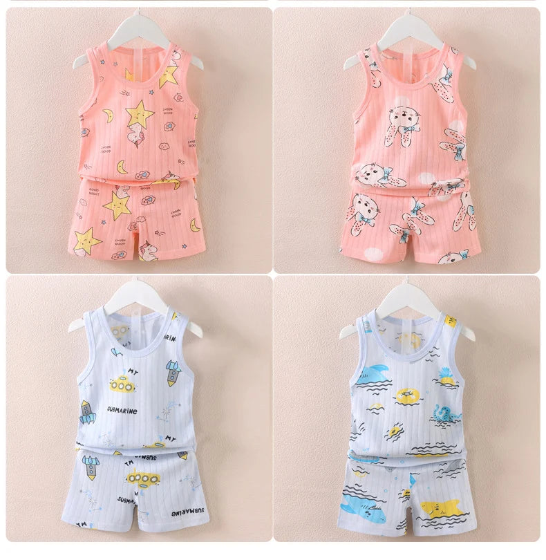 Mother Kids Clothes Baby Cotton Print  Children's Clothing T-shirt Vest Tops Shorts Sets Boys Girls Cute Breathable Summer