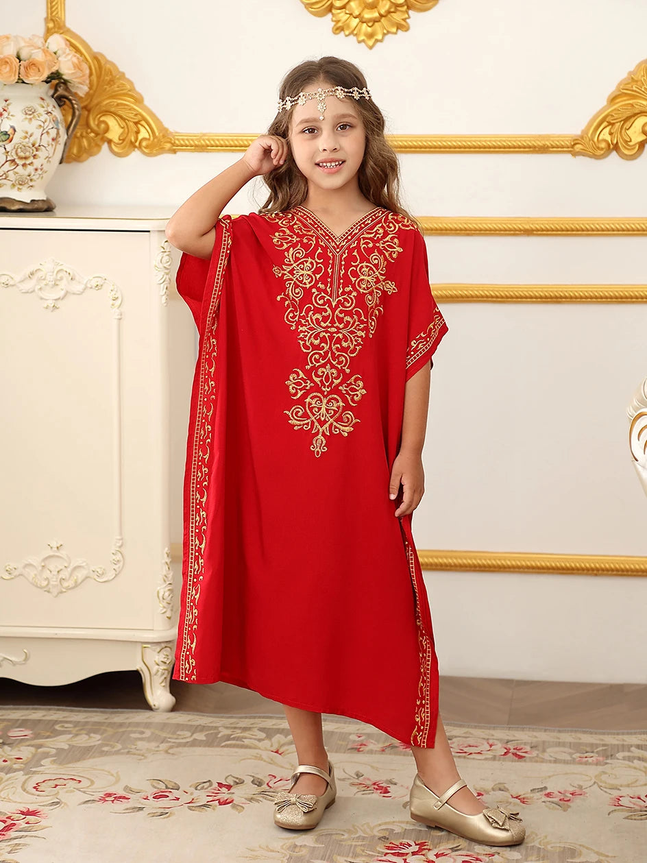 Children's Moroccan Robe Dress Girls Loose Casual Robe Embroidered Blouse Home Robe
