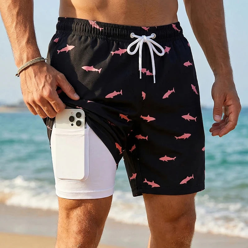 3D Print 2 in 1 Mens Swim Trunks Summer Quick Dry Beach Shorts with Phone Pocket Swimwear Swimsuit Bathing Suit  Board Shorts