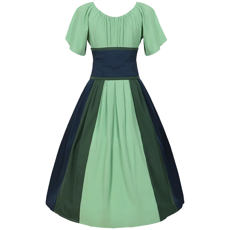 Costumes Halloween pour femmes,robe trapèze rétro médiévale,couleur contrastée,robe à épaules en un mot