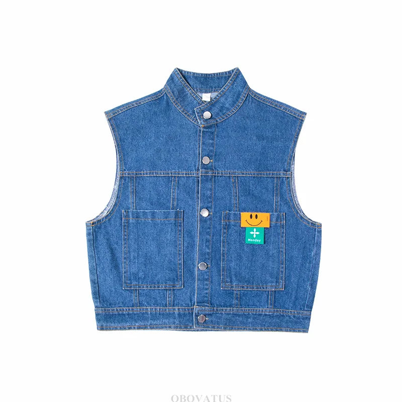 New Fashion Kids Girl Denim Vest Wasitcoat with Smile Face Outerwear Vintage Blue Children Casual Sleeveless Denim Jacket Outfit