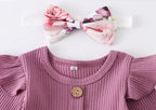 Newborn Baby Girl Clothes Set Solid Knitting Long Sleeve Tops Floral Print Pants Headband 3Pcs Outfits Casual Infant Clothing