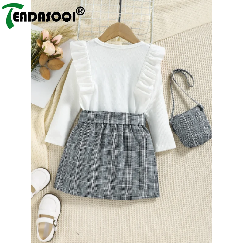 4-7Y Children Girls Clothing Outfit Solid Color Long Sleeve Ruffle Tops+Plaid Skirt With Belt+Bag Kids Girl Costume 3Pcs Set