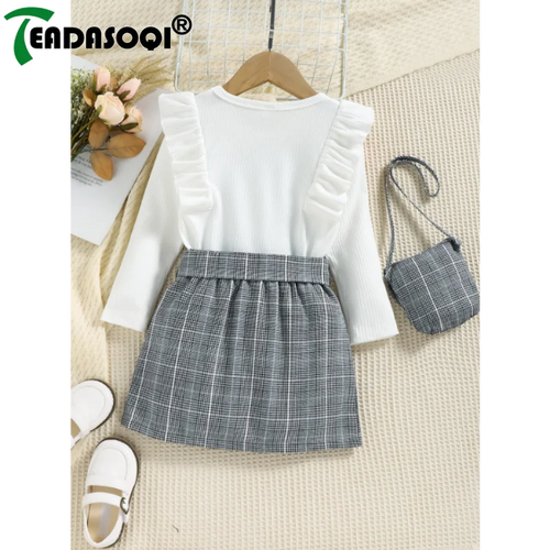 4-7Y Children Girls Clothing Outfit Solid Color Long Sleeve Ruffle Tops+Plaid Skirt With Belt+Bag Kids Girl Costume 3Pcs Set