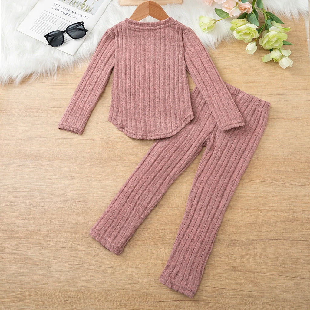 Baby Girl Clothes Set 3-8Y Knitted Long Sleeve Tops + Pants Kids Ribbed Jumpsuit Autumn Winter Warm Outfit Children Clothing