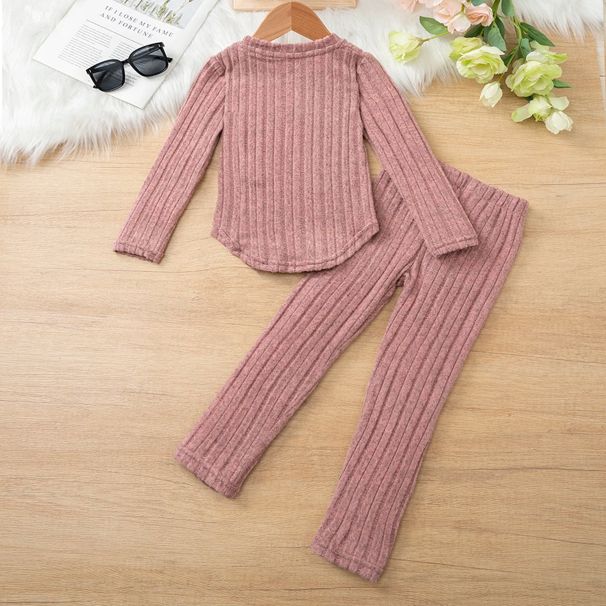 Baby Girl Clothes Set 3-8Y Knitted Long Sleeve Tops + Pants Kids Ribbed Jumpsuit Autumn Winter Warm Outfit Children Clothing