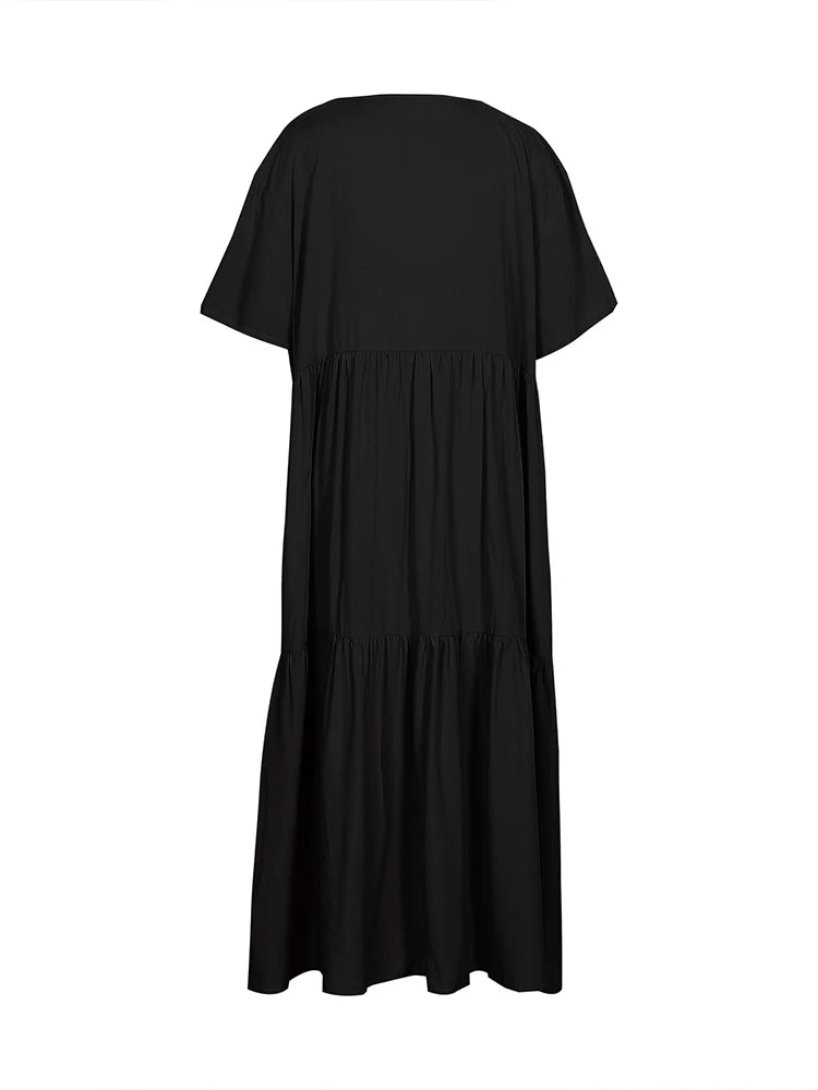 plus Size Women's Casual Loose V-Neck Solid Long Dress Spring Summer Pleated Big Size Women's Dress