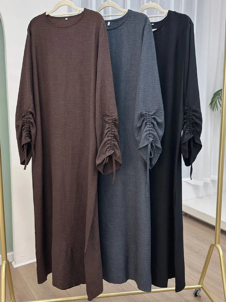 Vestidos Muslim Women Dubai Abaya Drawstring Sleeve Long Dress Kaftan Solid Modest Ramadan Robe Plus Size Femme Islamic Clothing