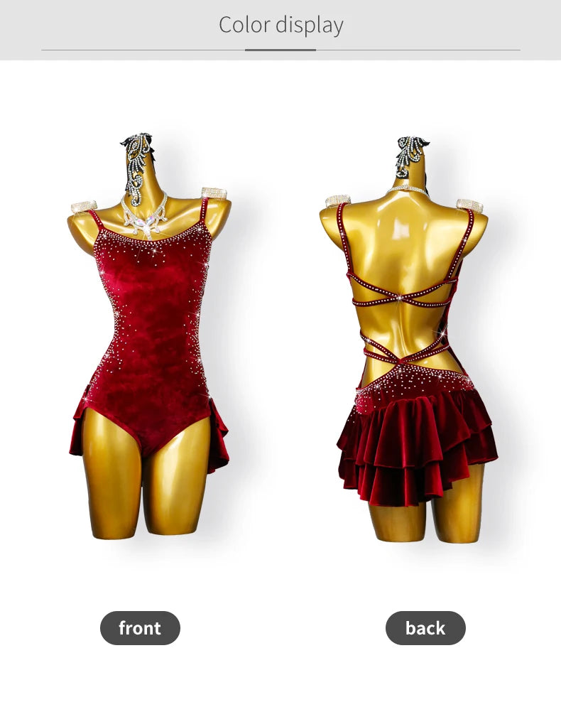 New Velvet Latin Dance Party Dress Sexy Adult Womens Short Skirt Ballroom Costume Cha-Cha Line Suit Girls Sport Party Customized