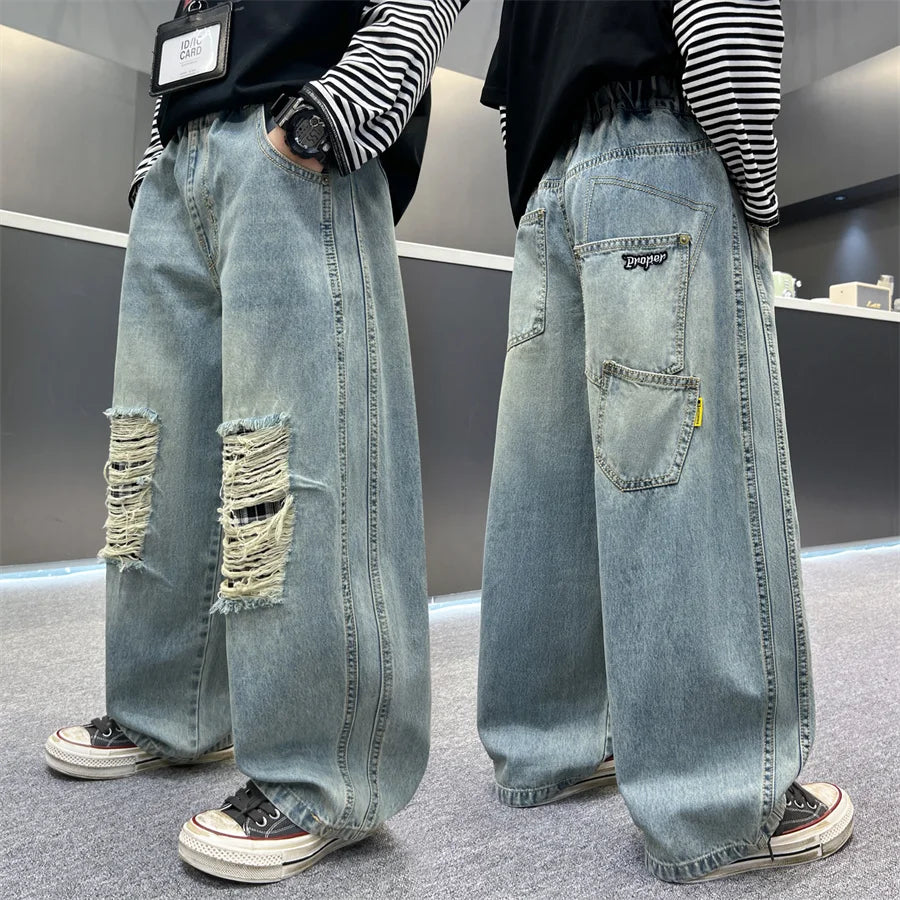 Distressed Designer Kids Desroyed Ripped Jeans Trousers with Holes On Knee for Boys Casual Broken Denim Pants 5 6 8 9 10 12 14 Y