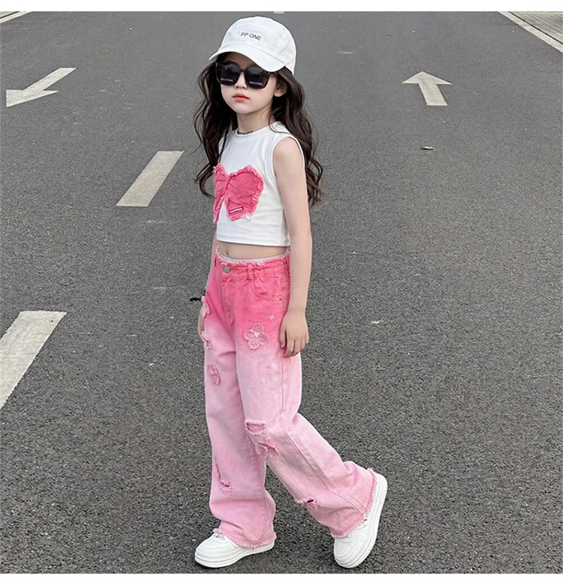 Teenage Girls Clothing Sets Hot Deals Bow Crop Top+Hole Wide Leg Jeans with Butterfly 2Pcs Fashion Gradient Child Clothes Suits