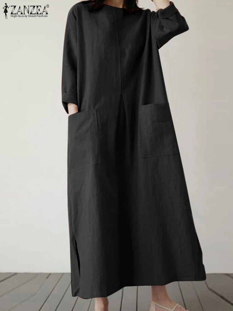 2024 ZANZEA Fashion Summer Vintage Women Solid 3/4 Sleeve Sundress Baggy Loose Casual Dress Oversize Vestidos Kaftan Robe Femme