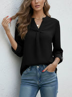 Women Elegant V-Neck Blouse Long Sleeve Roll Up Tops Casual Solid Color Loose Office Work Shirt Female Tunic Clothes