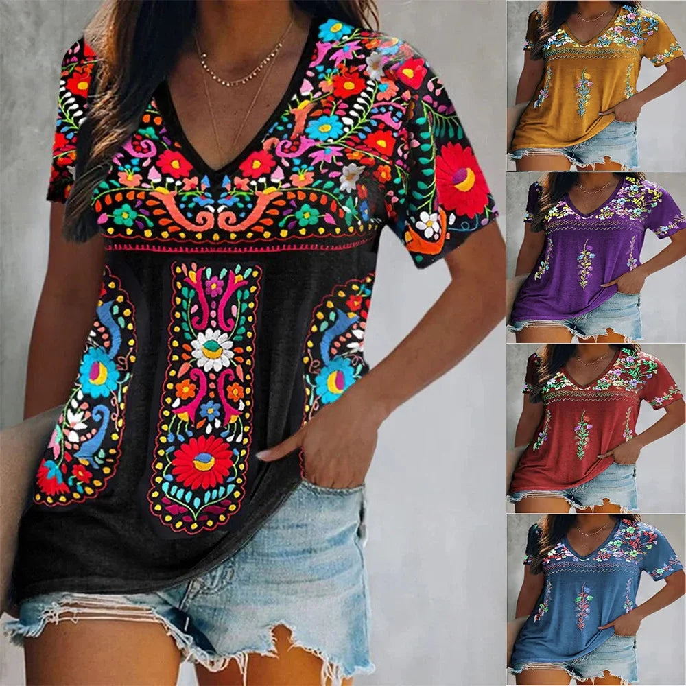 2025 Hot Selling Europe America Women's T-shirt Summer Bohemian Printed V-neck Short Sleeve Loose Casual Vacation Daily Top