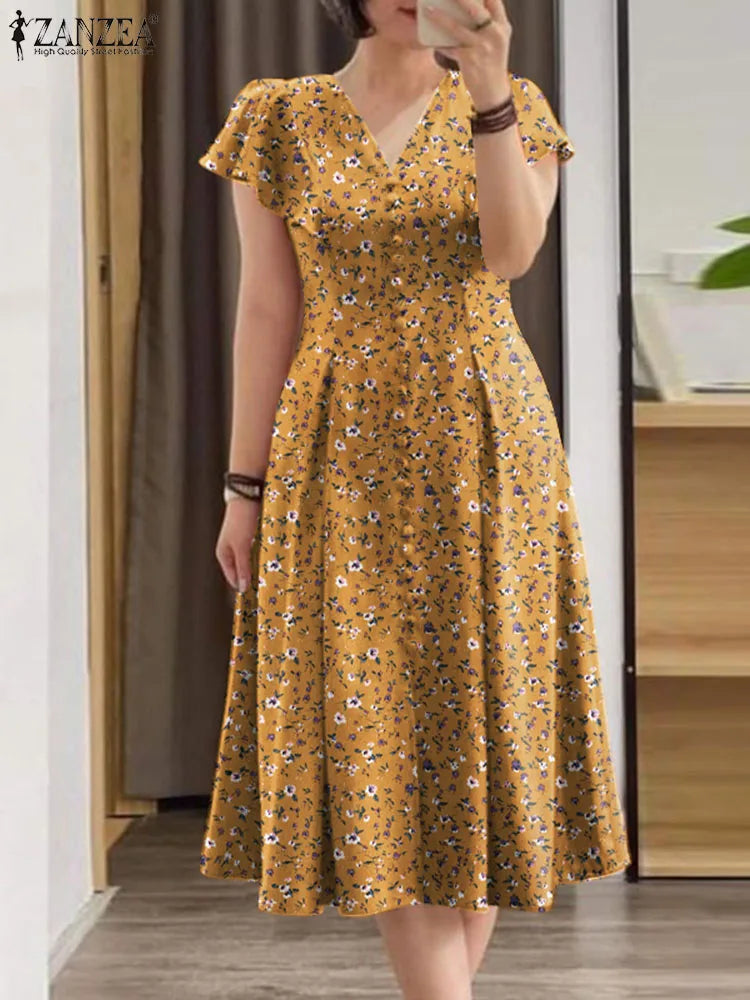 2024 ZANZEA Elegant Summer Dress Women Bohemian Sundress Robe Femme V Neck Short Sleeve Floral Printed Holiday Vestido Kaftan