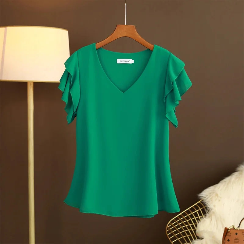 2026 Fashion Summer Dress Women Blouse Top New Short Sleeved V-neck Chiffon T-shirt Women's Loose and Versatile Small Shirt