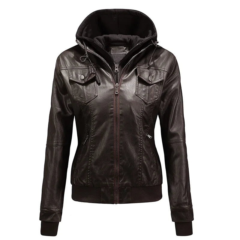 Veste Moto Femme Cuir PU – Capuche Amovible Slim Noir Streetwear