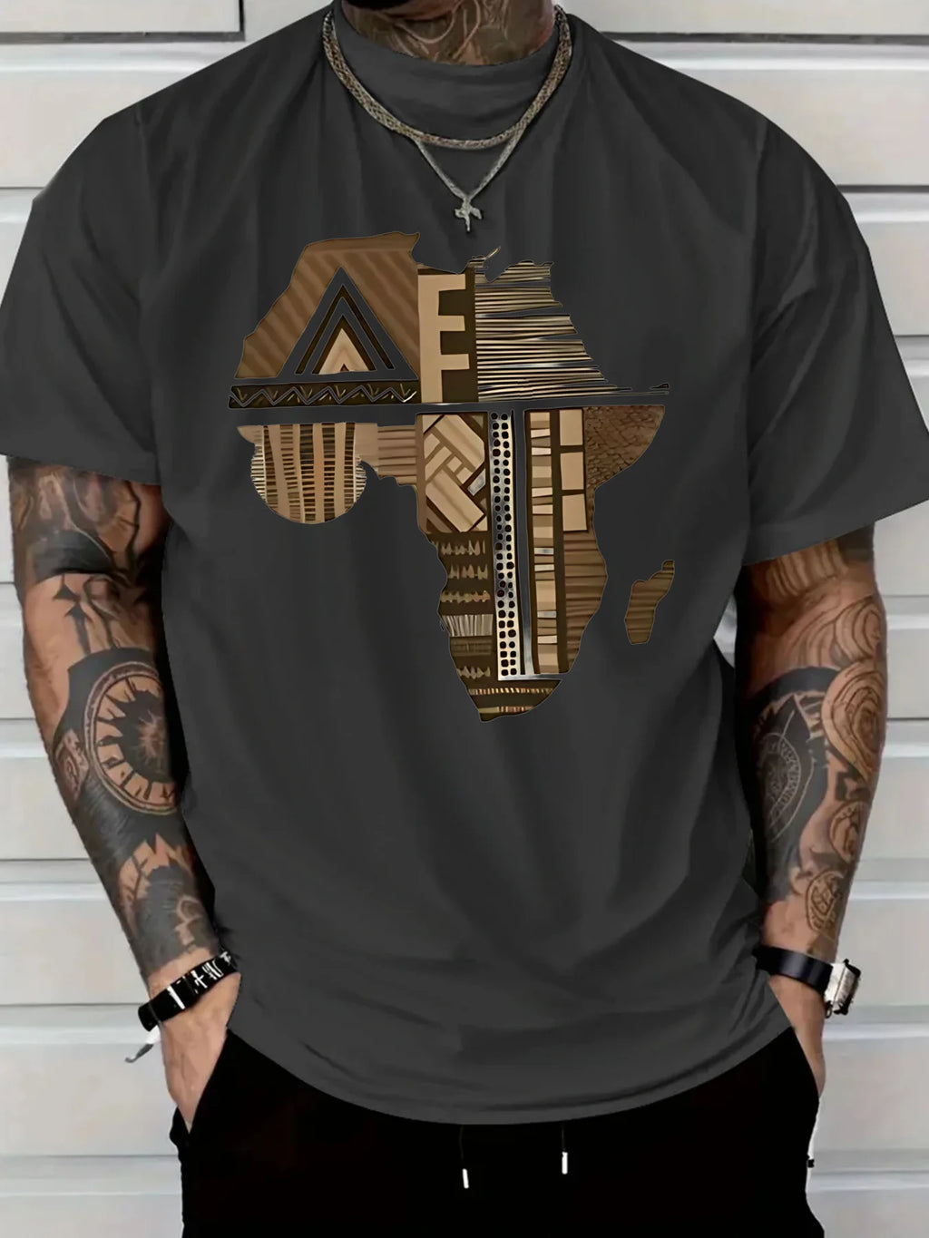 Men'S Plus Size White T-Shirt with Africa-Inspired Golden Print -  Comfort Fit Lightweight Breathable
