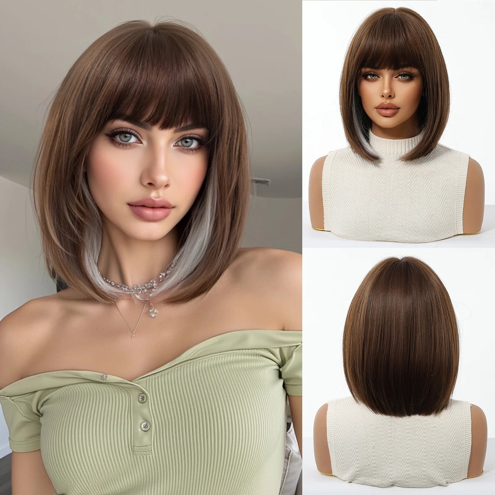 LOUIS FERRE Short Blonde Highlight Brown Bobo Wigs For Women Daily Cosplay Natural Straight Wig High Temperature Synthetic Wigs