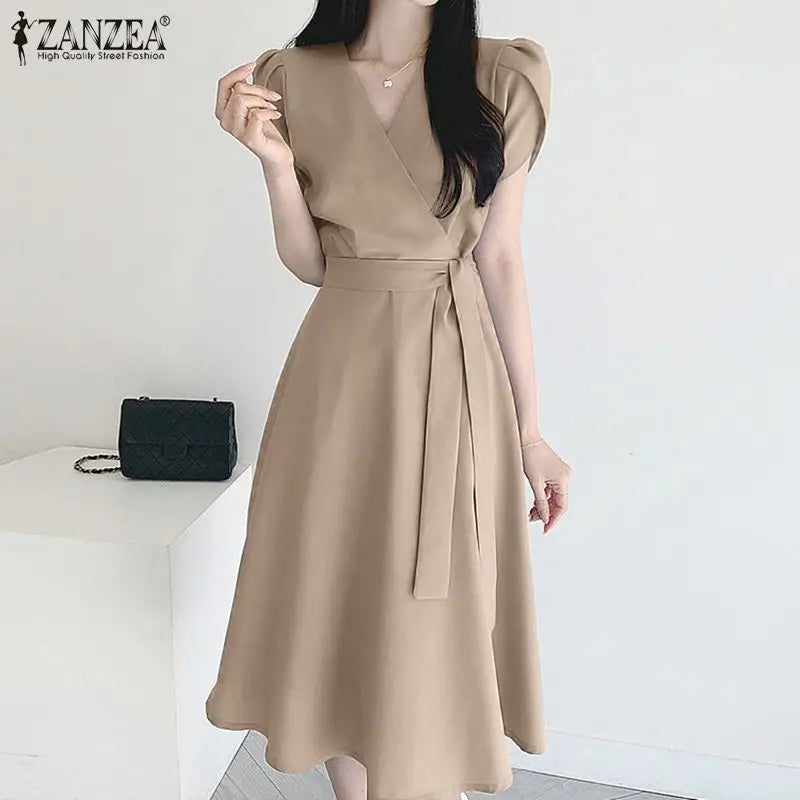 Women Fashion OL Work Sundress ZANZEA Elegant Summer Short Sleeve Dress Casual Solid A Line Vestido Kaftan Sarafans Robe Femme