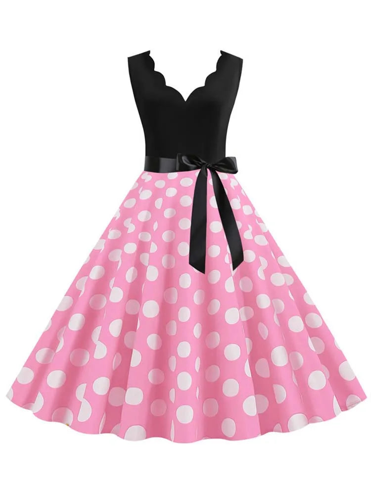 Women Dot Print Dress Summer Sexy V-neck Sleeveless Elegant Vintgae Party Dress Vestidos  S~3XL Robe Femme