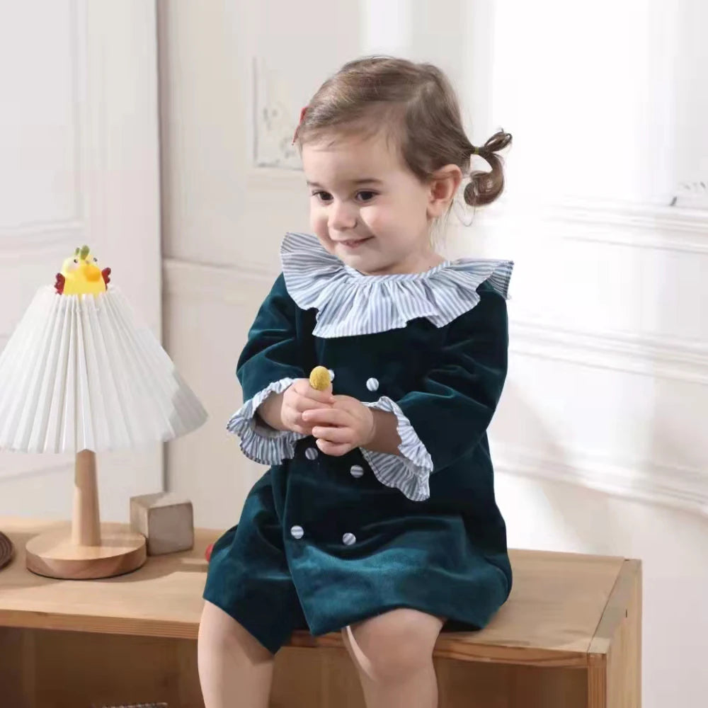 Children's Boutique Clothing Toddler Boys Green Velvet Strap Shorts Suits Cotton Long Sleeve Shirts Siblings Baptism Eid Dresses
