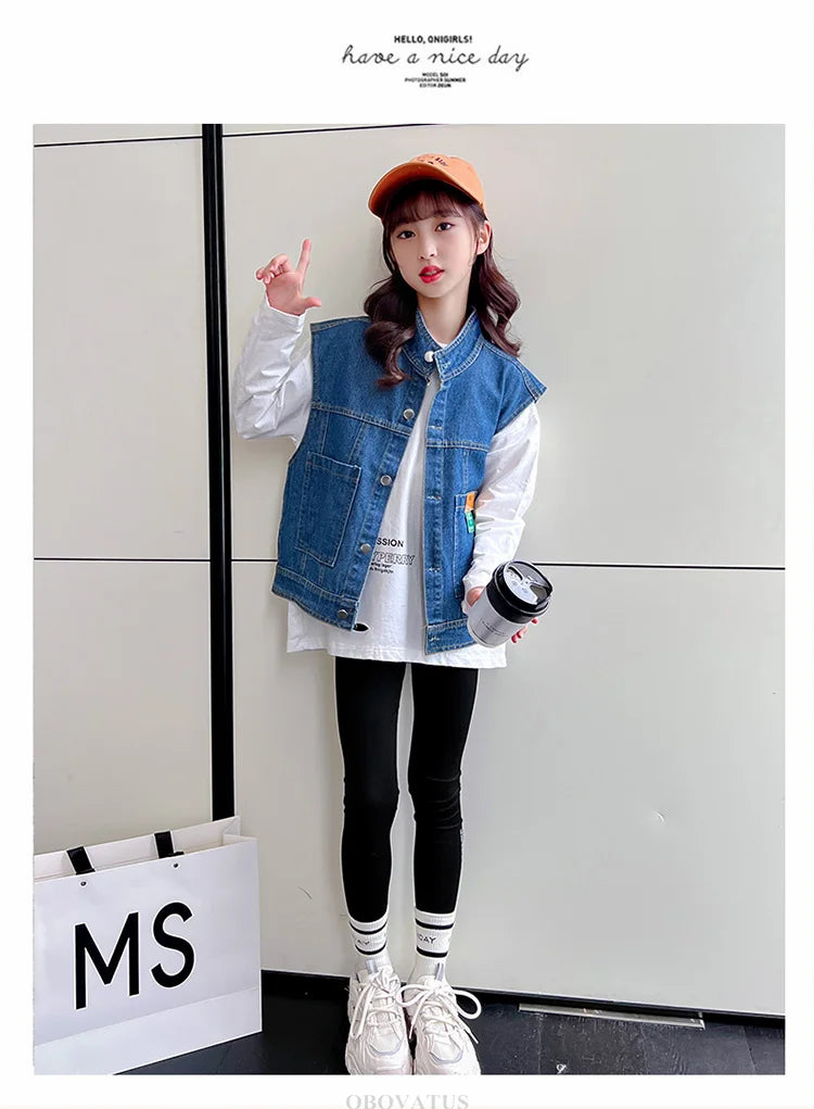 New Fashion Kids Girl Denim Vest Wasitcoat with Smile Face Outerwear Vintage Blue Children Casual Sleeveless Denim Jacket Outfit