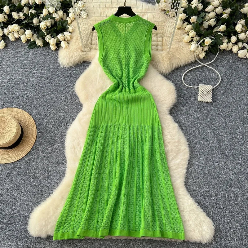 Fashion Knitted Dress Summer Clothes Women Sleeveless Single Breasted Bodycon Long Dresses Vacation Holiday Knitting Dress Robes