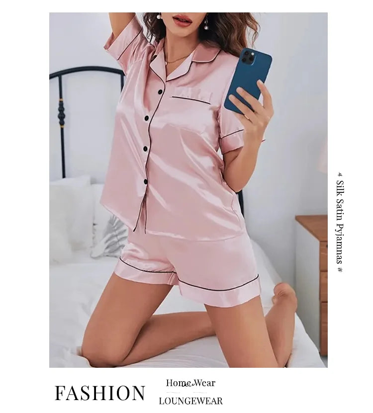 Elegant Satin Solid Pajamas Set Short Sleeve Lapel Buttons Top And Shorts Breathable Fabric Skin-Friendly Fit Women's Sleepwear