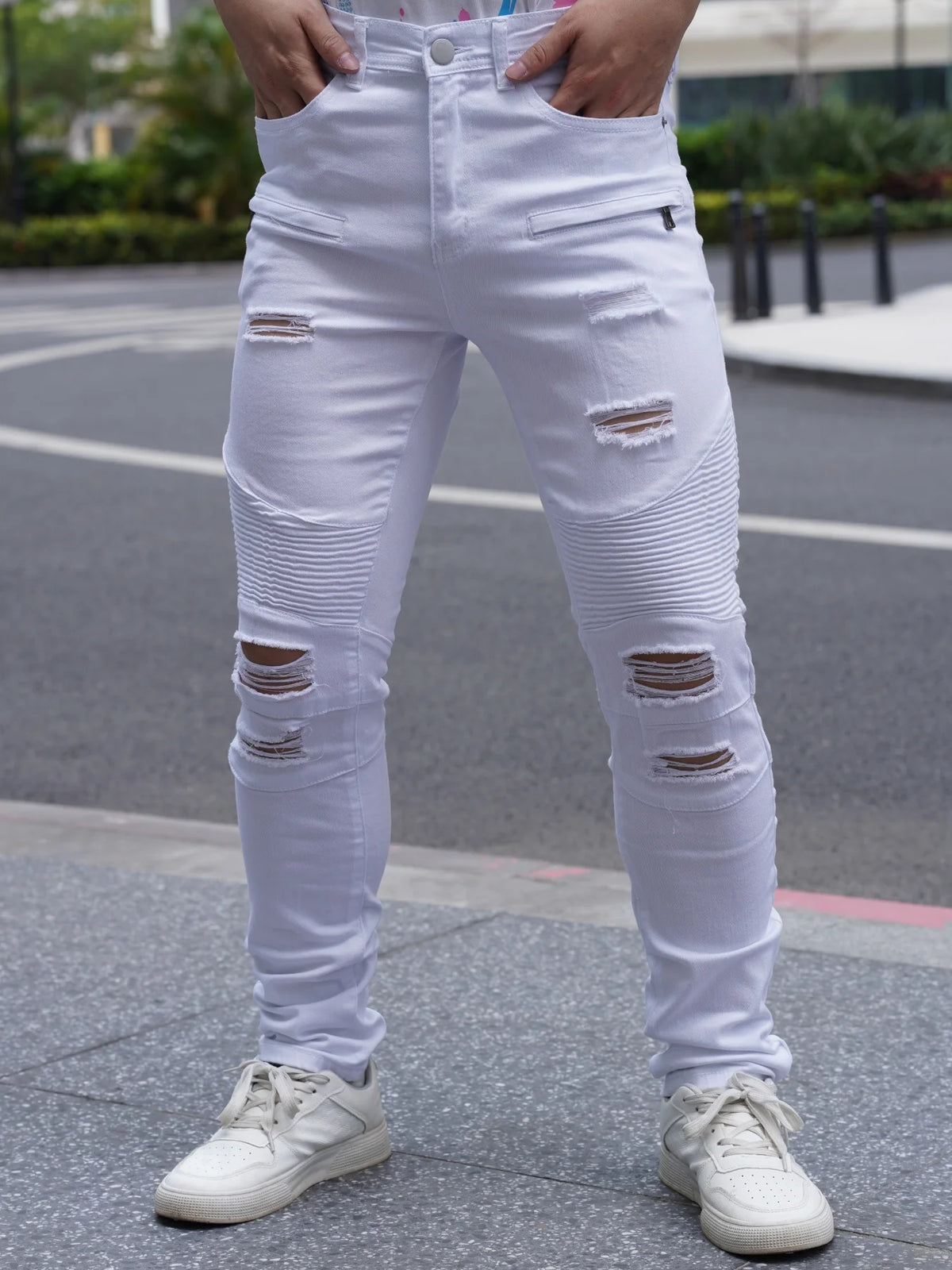 Jean blanc homme déchiré – Coupe slim streetwear