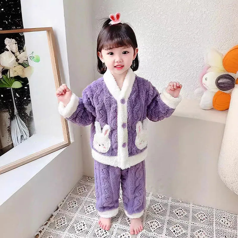 Pyjama Fille Flanelle Motif Lapin – Chaud Kawaii Automne Hiver 90-130cm