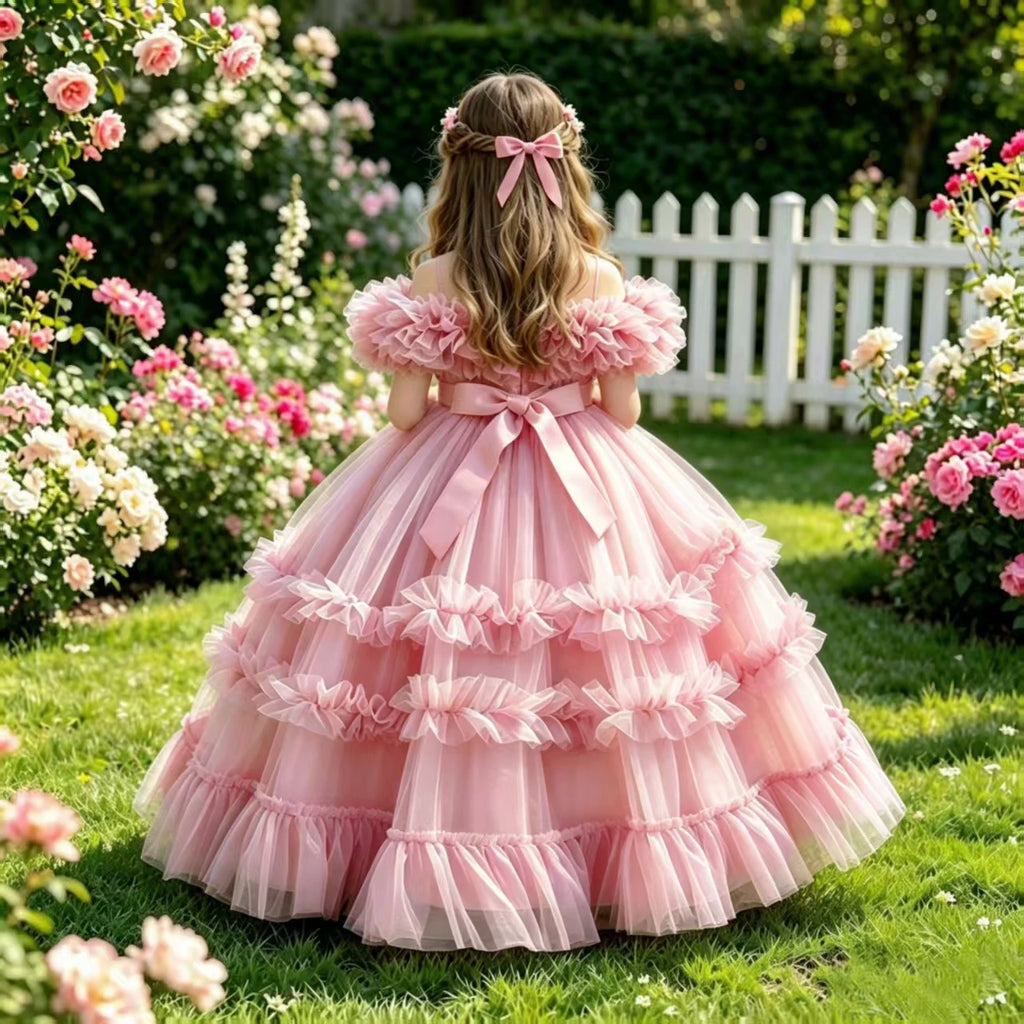 2024 New 4-12 Year Old Robe Princess Dress Flower Girl Wedding Dress Fashionable Party Dress Lace Mesh Elegant Girls' Clothing