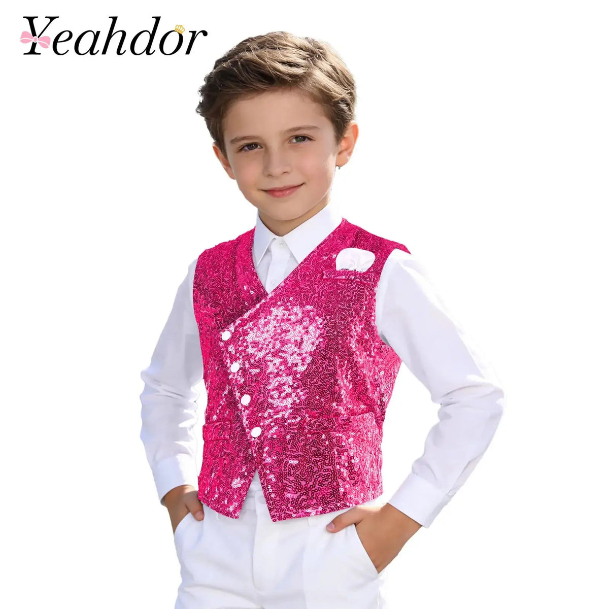 Kids Boys Glittery Sequin Waistcoat Fashion Childs Button-down Vest Tank Top for Birthday Party Prom Dance Wedding Costume Vests