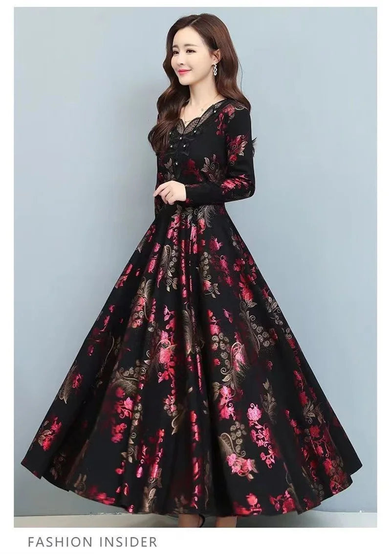 Spring Autumn New Women Dress Elegant Temperament Long A-Line Dress High End Fashion Lace Printed Beading Dresses Vestidos Mujer