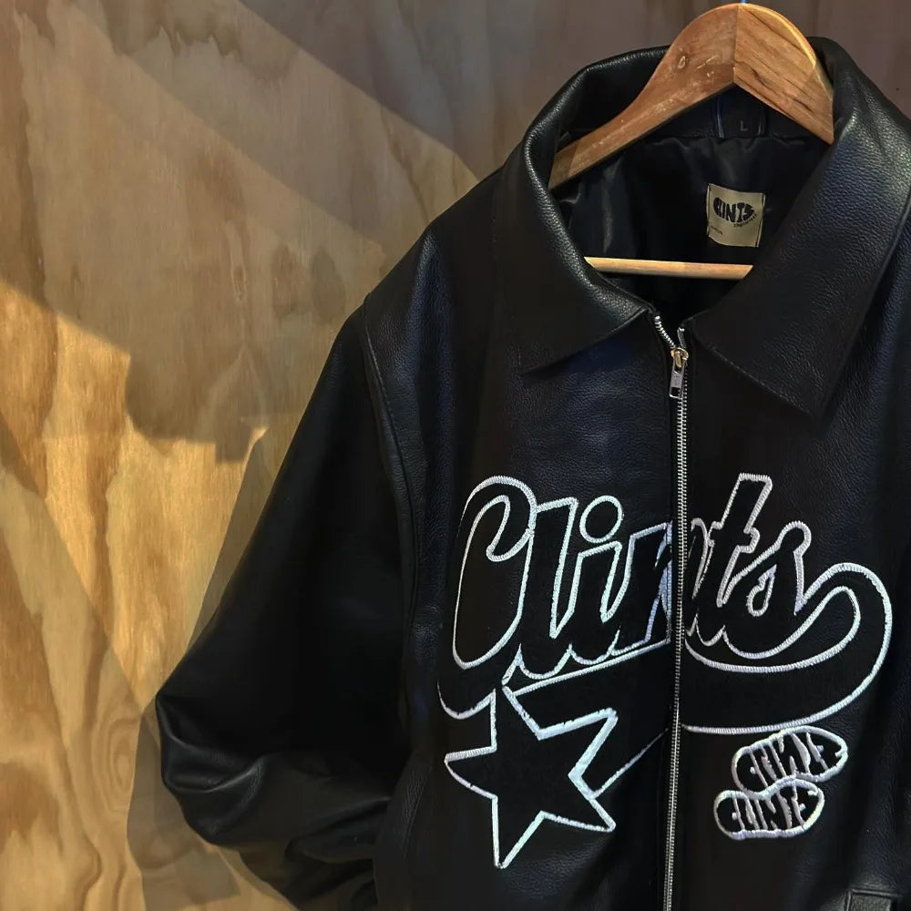 Veste Cuir Homme Y2K – Streetwear Hip-Hop Brodée Moto Zipée Oversize