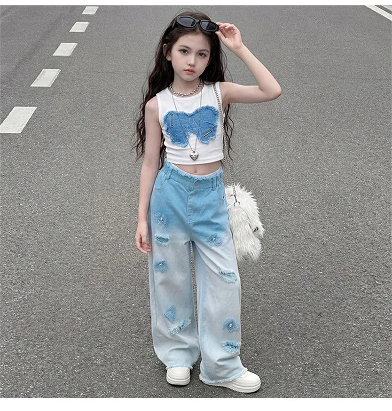 Teenage Girls Clothing Sets Hot Deals Bow Crop Top+Hole Wide Leg Jeans with Butterfly 2Pcs Fashion Gradient Child Clothes Suits