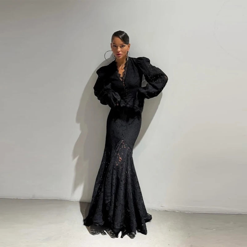 Elegant Solid Lace Ruffles Maxi Skirt Set Women Vintage Single Breasted Flared Sleeve V-neck Slim Blouse Suit Lady Party Outfits
